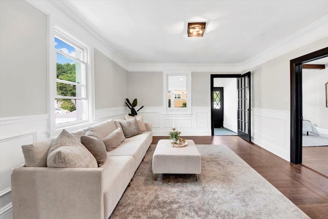 4 Cedar St, Hastings-On-Hudson, NY 10706 - living room featuring a wainscoted wall, dark wood-type flooring, and crown molding