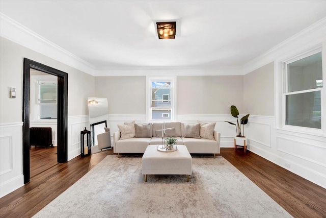 4 Cedar St, Hastings-On-Hudson, NY 10706 - living room featuring radiator heating unit, dark wood finished floors, crown molding, and wainscoting