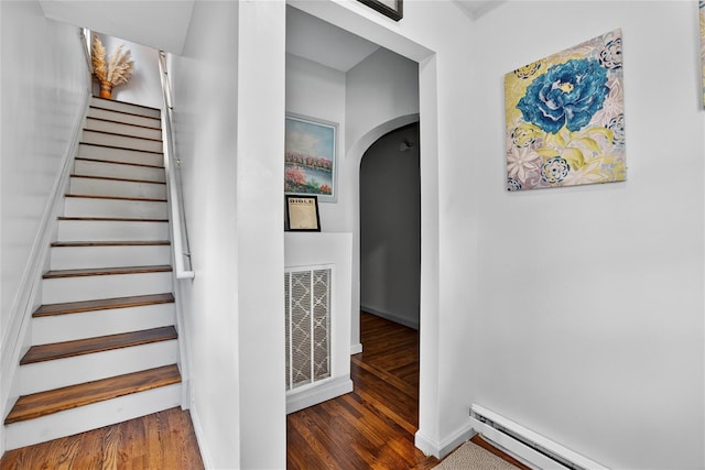 33 E Main St, Blooming Grove, NY 10992 - staircase with a baseboard radiator, arched walkways, and wood finished floors