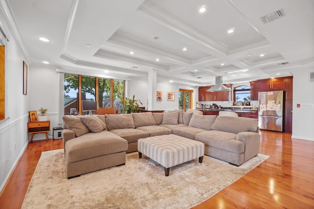 4048 194th St Unit A3, Flushing, NY 11358 - living area featuring light wood-style flooring, ornamental molding, recessed lighting, coffered ceiling, and beam ceiling