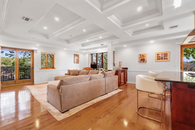 4048 194th St Unit A3, Flushing, NY 11358 - living room featuring healthy amount of natural light, coffered ceiling, light wood-style flooring, crown molding, and beamed ceiling