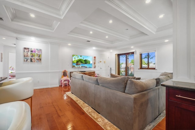 4048 194th St Unit A3, Flushing, NY 11358 - living room with ornamental molding, light wood-type flooring, coffered ceiling, beamed ceiling, and recessed lighting