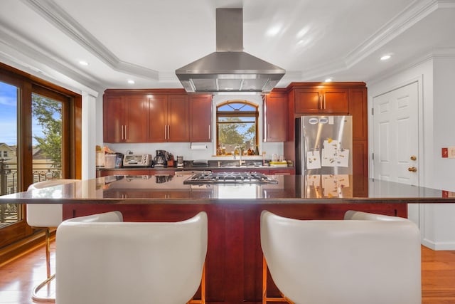 4048 194th St Unit A3, Flushing, NY 11358 - kitchen with wall chimney range hood, appliances with stainless steel finishes, dark countertops, crown molding, and recessed lighting