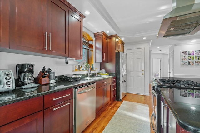 4048 194th St Unit A3, Flushing, NY 11358 - kitchen featuring appliances with stainless steel finishes, wall chimney range hood, light wood-style flooring, dark stone counters, and reddish brown cabinets