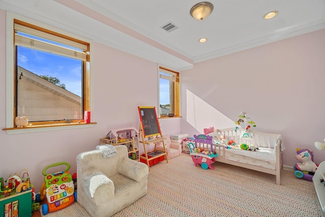 4048 194th St Unit A3, Flushing, NY 11358 - game room featuring carpet flooring, healthy amount of natural light, crown molding, and recessed lighting