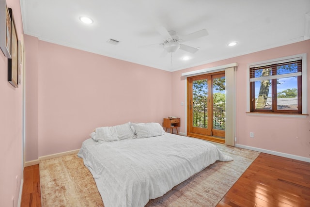 4048 194th St Unit A3, Flushing, NY 11358 - bedroom featuring hardwood / wood-style floors, access to exterior, recessed lighting, crown molding, and ceiling fan