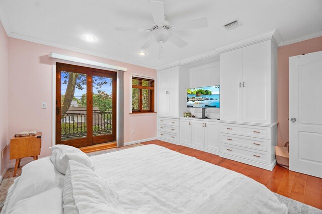 4048 194th St Unit A3, Flushing, NY 11358 - bedroom featuring crown molding, access to exterior, light wood finished floors, recessed lighting, and ceiling fan