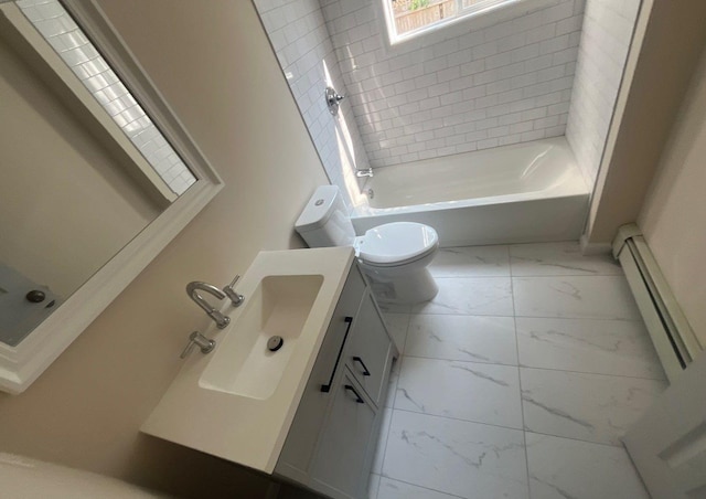 181 Wading River Hollow Rd, Ridge, NY 11961 - full bath featuring marble look tile flooring, a baseboard heating unit, and vanity