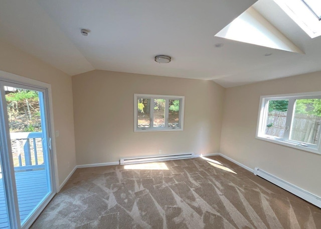 181 Wading River Hollow Rd, Ridge, NY 11961 - unfurnished room featuring a baseboard radiator, a baseboard heating unit, carpet floors, plenty of natural light, and lofted ceiling
