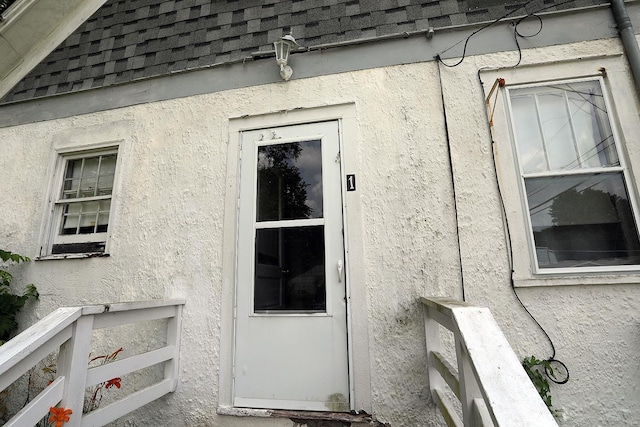 11620 State Route 97, Long Eddy, NY 12760 - property entrance with stucco siding and roof with shingles