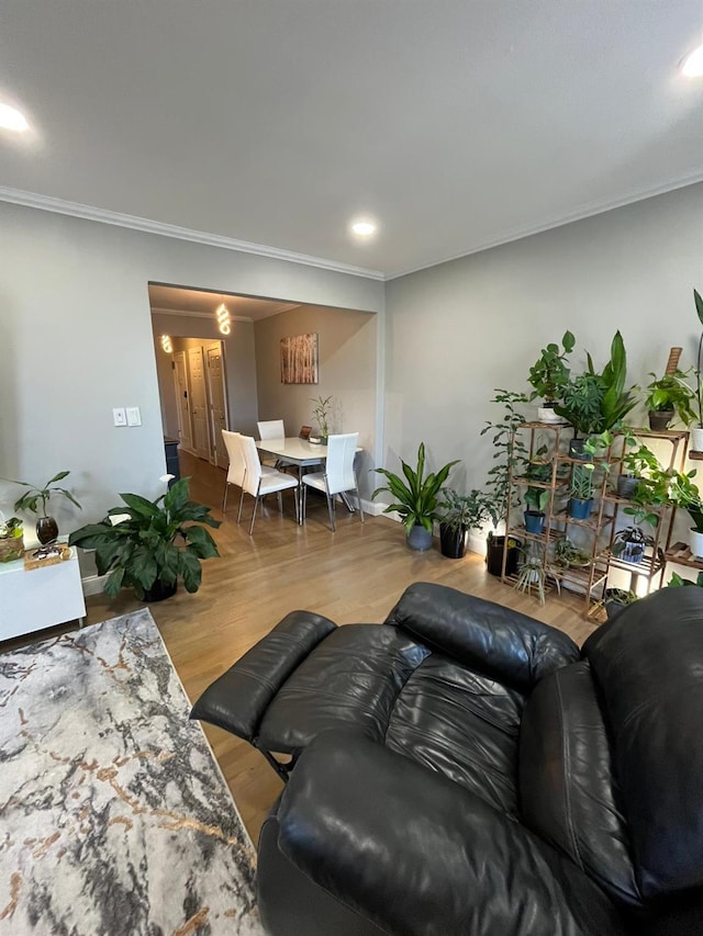 150-10 71st Ave Unit 2G, Kew Garden Hills, NY 11367 - living area featuring wood finished floors, ornamental molding, and recessed lighting