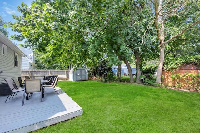 15 Halewood Dr, Shirley, NY 11967 - fenced backyard featuring a shed, outdoor dining space, and a deck