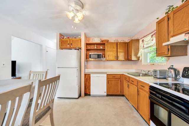 15 Halewood Dr, Shirley, NY 11967 - kitchen featuring white appliances, open shelves, under cabinet range hood, ceiling fan, and light countertops