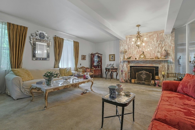 50 Forest Cir, New Rochelle, NY 10804 - living room featuring beamed ceiling, carpet, a fireplace, and a chandelier