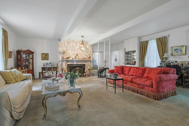 50 Forest Cir, New Rochelle, NY 10804 - living room featuring beamed ceiling, carpet, a fireplace, and a chandelier