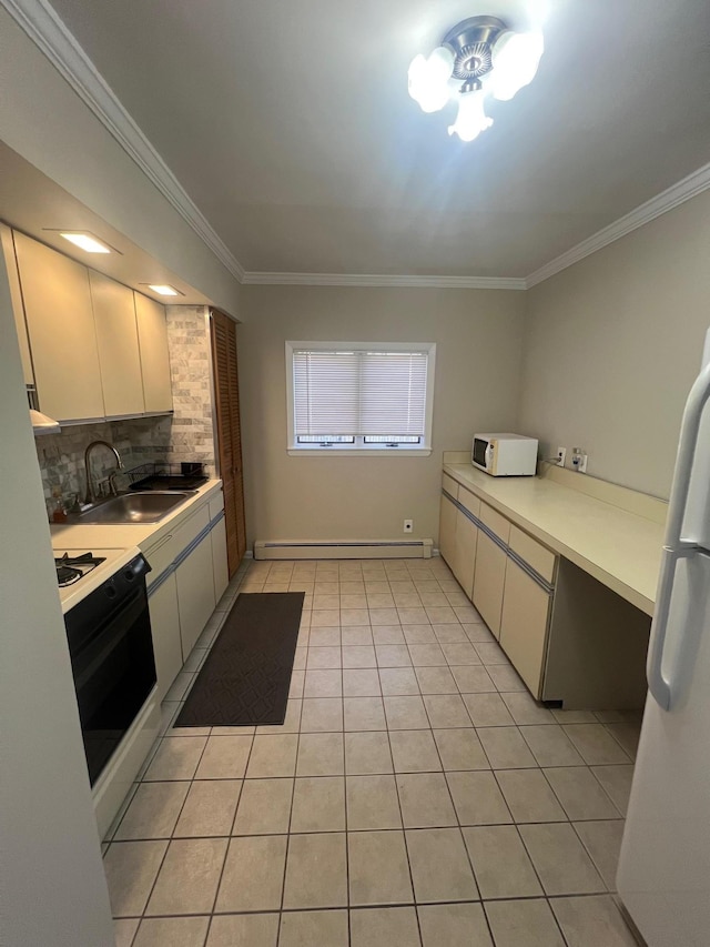 234 S 7th St, Lindenhurst, NY 11757 - kitchen featuring white appliances, ornamental molding, light tile patterned floors, tasteful backsplash, and light countertops
