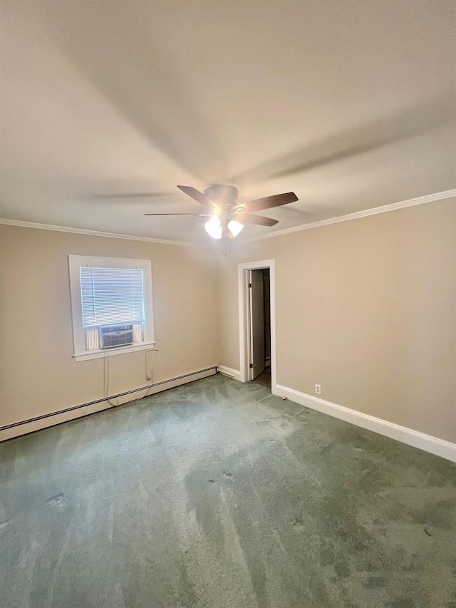 234 S 7th St, Lindenhurst, NY 11757 - spare room featuring a baseboard radiator, ornamental molding, ceiling fan, carpet, and cooling unit