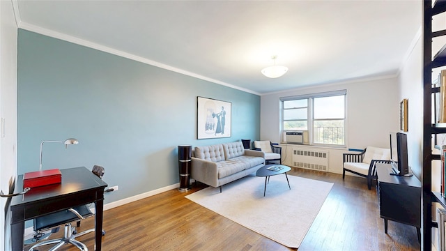 90-02 63rd Dr Unit 5J, Rego Park, NY 11374 - living area featuring radiator heating unit, crown molding, an office area, wood finished floors, and cooling unit