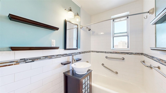 90-02 63rd Dr Unit 5J, Rego Park, NY 11374 - bathroom featuring tub / shower combination, vanity, and tile walls