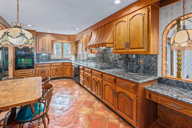 60 Wheatfield Ln, Commack, NY 11725 - kitchen featuring brown cabinetry, black appliances, a textured ceiling, backsplash, and recessed lighting
