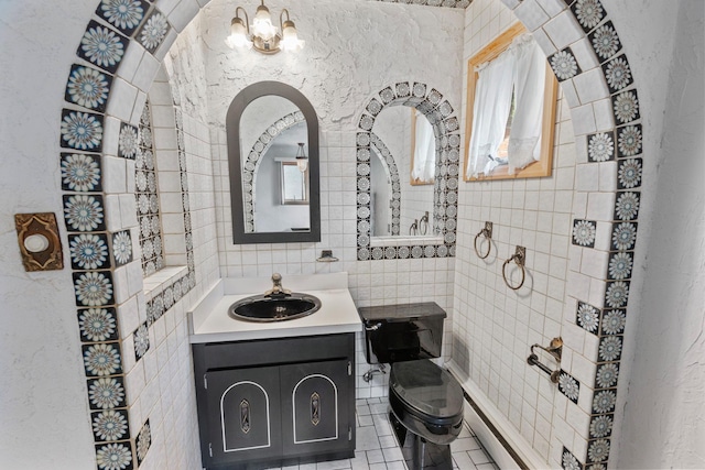 60 Wheatfield Ln, Commack, NY 11725 - bathroom featuring tile walls, vanity, a chandelier, and tile patterned flooring
