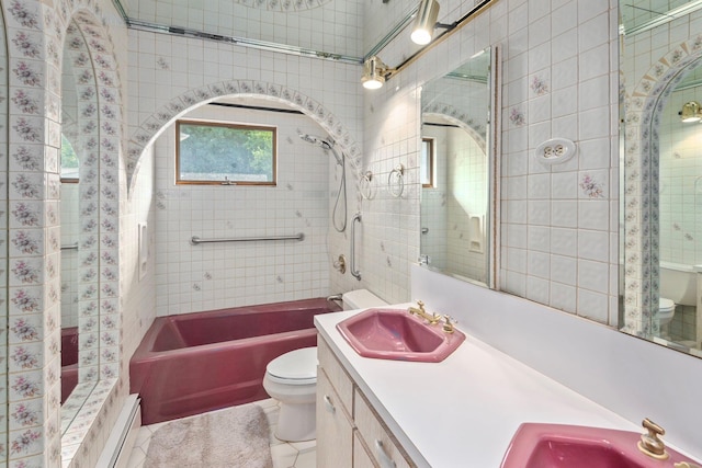 60 Wheatfield Ln, Commack, NY 11725 - bathroom with tile patterned flooring, double vanity, tile walls, bathtub / shower combination, and a baseboard heating unit