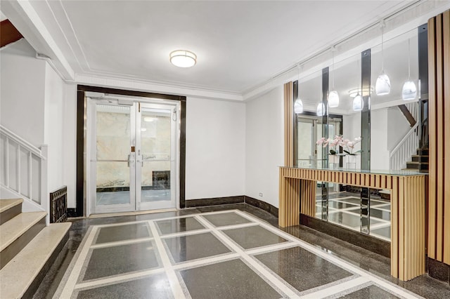123-25 82nd Ave Unit 5R, Kew Gardens, NY 11415 - spare room featuring stairs, inlaid floor details, french doors, crown molding, and heating unit
