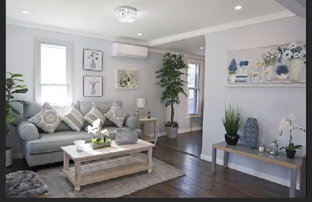 7-12 125th St, College Point, NY 11356 - living room featuring a wall mounted AC, healthy amount of natural light, wood finished floors, crown molding, and recessed lighting
