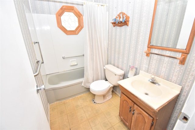 43 Circuit Rd, Bellport, NY 11713 - bathroom with wallpapered walls, vanity, and shower / bath combo with shower curtain