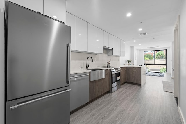 46-40 Vernon Blvd Unit 2B, Long Island City, NY 11101 - kitchen featuring stainless steel appliances, modern cabinets, white cabinets, backsplash, and light countertops