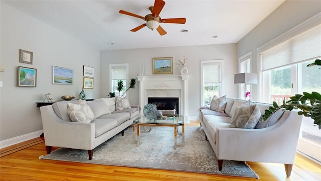 9 Roselawn Rd, Highland Mills, NY 10930 - living room with a ceiling fan, wood finished floors, a fireplace, and recessed lighting