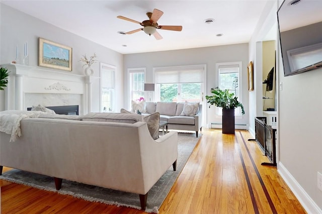 9 Roselawn Rd, Highland Mills, NY 10930 - living area with a fireplace, light wood-style floors, and ceiling fan