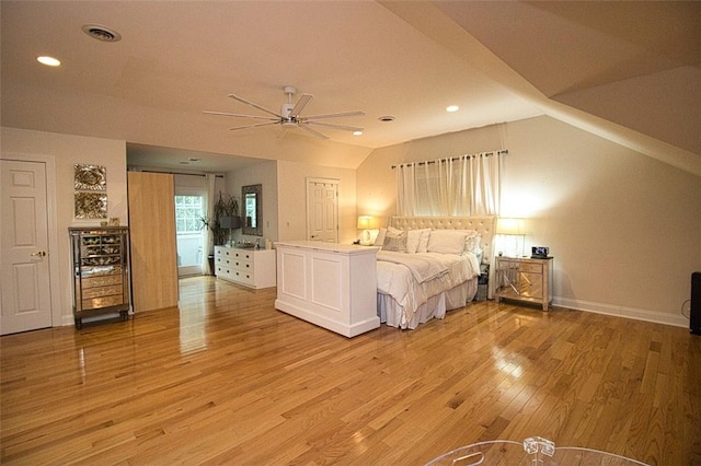 9 Roselawn Rd, Highland Mills, NY 10930 - bedroom featuring light wood-style flooring, recessed lighting, lofted ceiling, wine cooler, and a ceiling fan