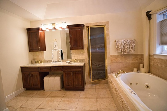 9 Roselawn Rd, Highland Mills, NY 10930 - bathroom with a tub with jets, double vanity, a shower stall, and tile patterned floors