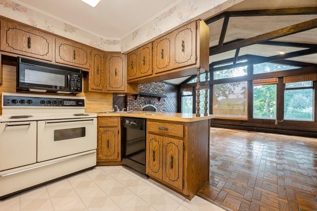 709 Seabury Ave, Franklin Square, NY 11010 - kitchen with black appliances, brown cabinets, light countertops, a peninsula, and backsplash