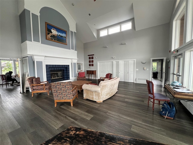 1410 Half Moon Bay Dr, Croton-On-Hudson, NY 10520 - living area featuring a towering ceiling, dark wood-style flooring, a fireplace, and healthy amount of natural light