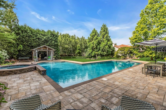 259 Lakeview Ave W, Brightwaters, NY 11718 - view of swimming pool featuring a gazebo, a patio area, a pool with connected hot tub, and a diving board