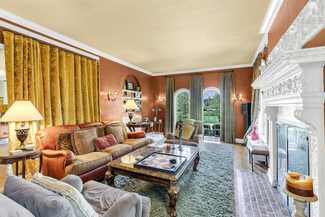 259 Lakeview Ave W, Brightwaters, NY 11718 - living area with crown molding and a fireplace