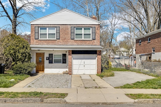 57 7th St, Pelham, NY 10803 - view of front of house featuring brick siding, an attached garage, concrete driveway, and covered porch