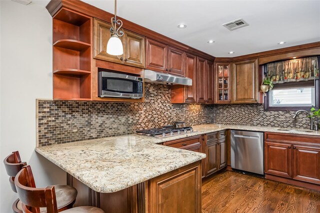 487 Court Ave, Cedarhurst, NY 11516 - kitchen with appliances with stainless steel finishes, a peninsula, open shelves, dark wood-style floors, and glass insert cabinets