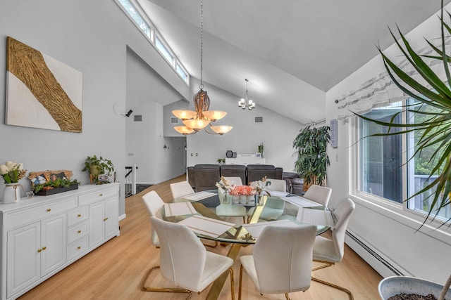 49 Flower Rd, Hopewell Junction, NY 12533 - dining space with a chandelier, light wood finished floors, vaulted ceiling, and a baseboard heating unit