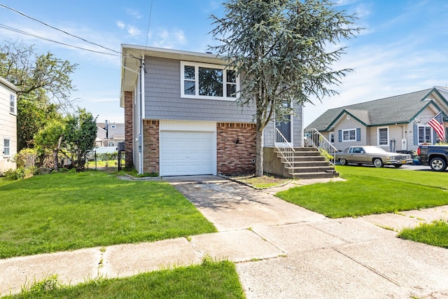 37 Martha St, Freeport, NY 11520 - view of front of property featuring brick siding, concrete driveway, a garage, and a front lawn