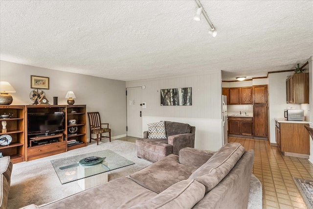 7-24 166th St Unit 8C, Beechhurst, NY 11357 - living area with a textured ceiling, track lighting, and wooden walls
