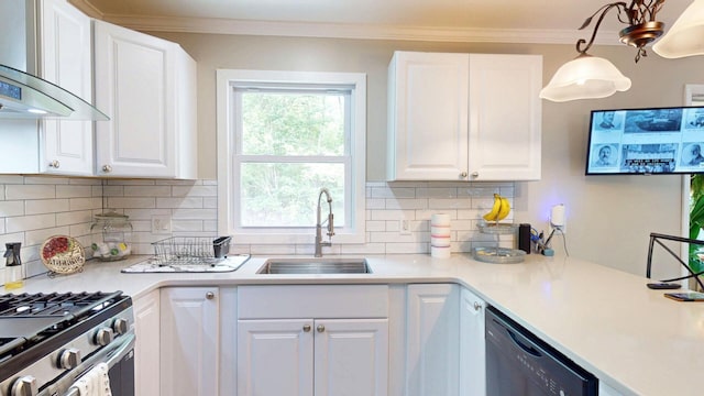 16-18 Claremont Ct, Middletown, NY 10940 - kitchen with dishwasher, wall chimney range hood, white cabinets, tasteful backsplash, and ornamental molding