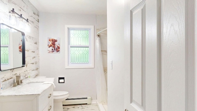 16-18 Claremont Ct, Middletown, NY 10940 - full bathroom featuring baseboard heating, vanity, marble finish flooring, and a shower