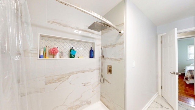 16-18 Claremont Ct, Middletown, NY 10940 - full bath with marble finish flooring and curtained shower