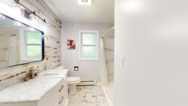16-18 Claremont Ct, Middletown, NY 10940 - bathroom with a baseboard radiator, marble look tiles, vanity, and a shower with curtain