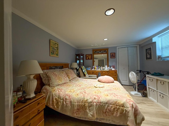 16-18 Claremont Ct, Middletown, NY 10940 - bedroom with ornamental molding, light wood-style floors, a closet, and recessed lighting