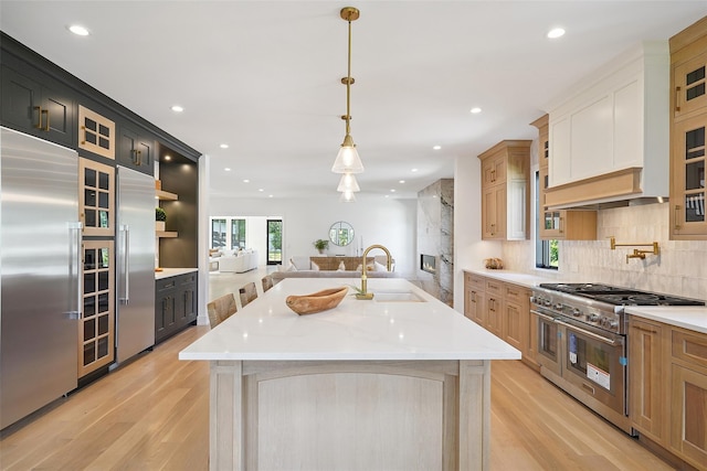 23 Sylvan Rd, Rye Brook, NY 10573 - kitchen featuring high end appliances, light wood finished floors, decorative backsplash, glass insert cabinets, and recessed lighting