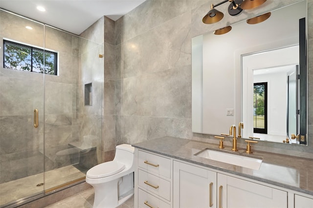 23 Sylvan Rd, Rye Brook, NY 10573 - full bath featuring plenty of natural light, vanity, a stall shower, tile walls, and tile patterned flooring